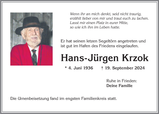 Traueranzeige von Hans-Jürgen Krzok von Allgäuer Zeitung, Kaufbeuren/Buchloe