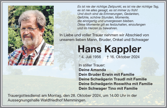 Traueranzeige von Hans Kappler von Memminger Zeitung