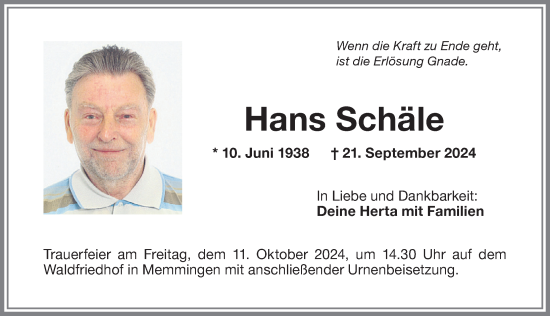 Traueranzeige von Hans Schäle von Memminger Zeitung