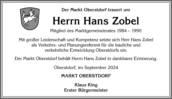 Traueranzeige von Hans Friedrich Zobel von Allgäuer Anzeigeblatt