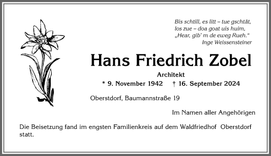 Traueranzeige von Hans Friedrich Zobel von Allgäuer Anzeigeblatt