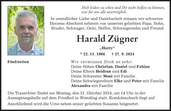 Traueranzeige von Harald Zügner von Augsburger Allgemeine, Donauwörther Zeitung