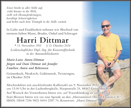 Traueranzeige von Harri Dittmar von Der Westallgäuer