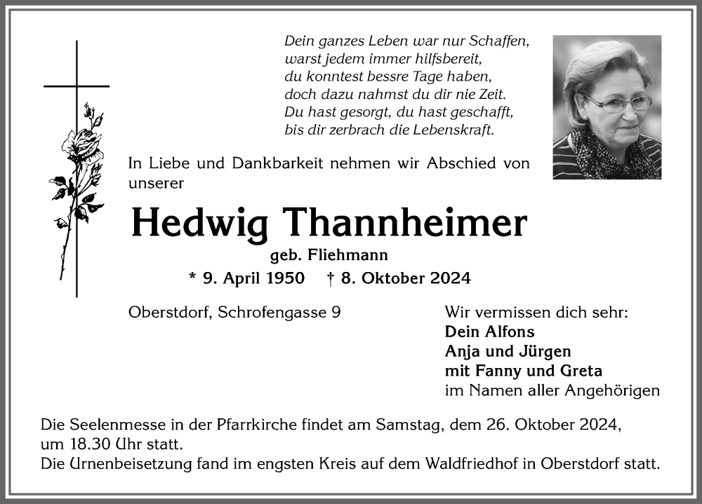  Traueranzeige für Hedwig Thannheimer vom 26.10.2024 aus Allgäuer Anzeigeblatt