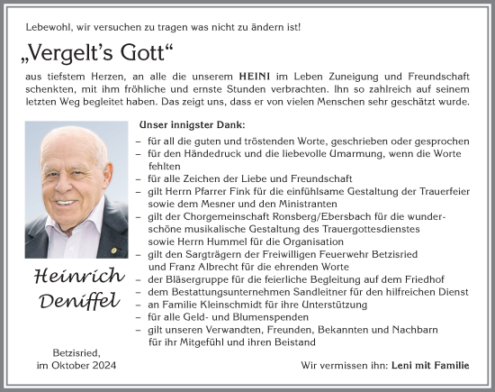 Traueranzeige von Heinrich Deniffel von Memminger Zeitung