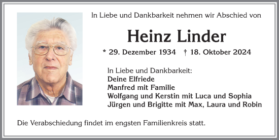 Traueranzeige von Heinz Linder von Allgäuer Zeitung, Kaufbeuren/Buchloe