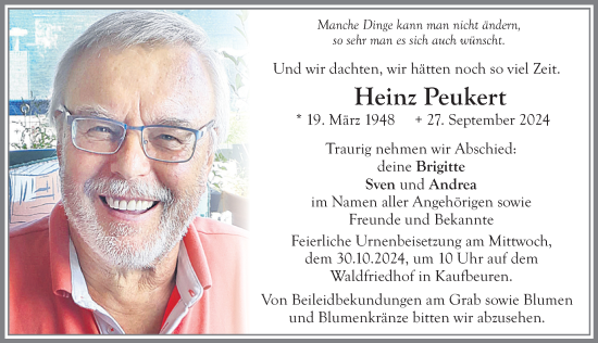 Traueranzeige von Heinz Peukert von Allgäuer Zeitung, Kaufbeuren/Buchloe