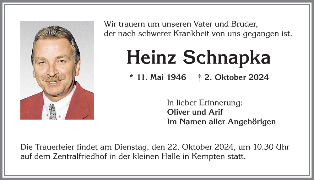 Traueranzeige für Heinz Schnapka vom 12.10.2024 aus Allgäuer Zeitung,Kempten