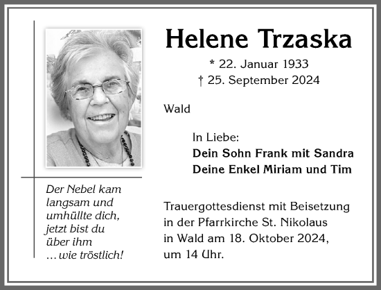 Traueranzeige von Helene Trzaska von Allgäuer Zeitung, Marktoberdorf