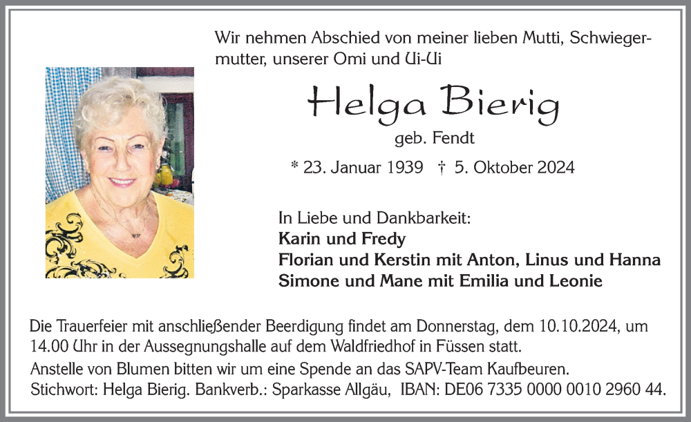  Traueranzeige für Helga Bierig vom 08.10.2024 aus Allgäuer Zeitung, Füssen