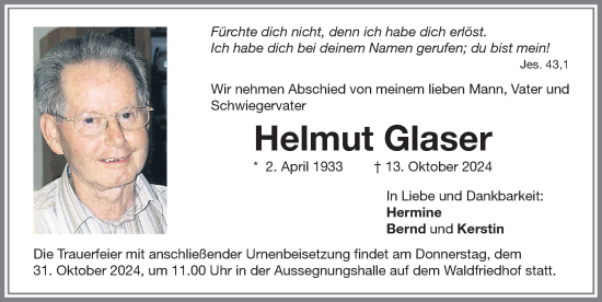 Traueranzeige von Helmut Glaser von Allgäuer Zeitung, Kaufbeuren/Buchloe