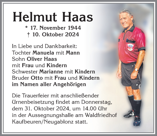Traueranzeige von Helmut Haas von Allgäuer Zeitung, Kaufbeuren/Buchloe