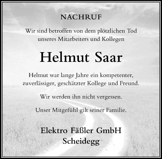 Traueranzeige von Helmut Saar von Der Westallgäuer