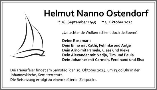Traueranzeige von Helmut Nanno Ostendorf von Allgäuer Zeitung,Kempten