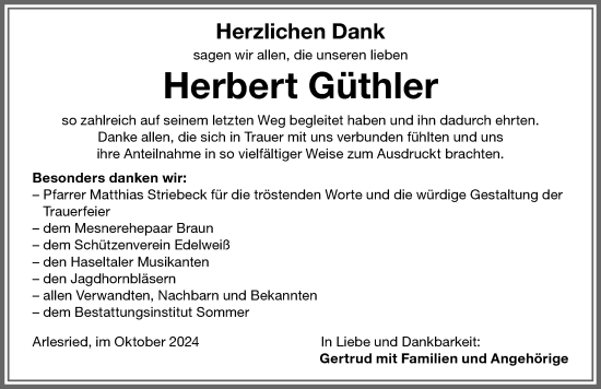 Traueranzeige von Herbert Güthler von Memminger Zeitung