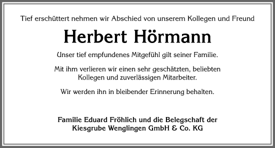 Traueranzeige von Herbert Hörmann von Allgäuer Zeitung, Kaufbeuren/Buchloe
