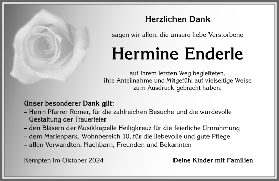 Traueranzeige von Hermine Enderle von Allgäuer Zeitung,Kempten