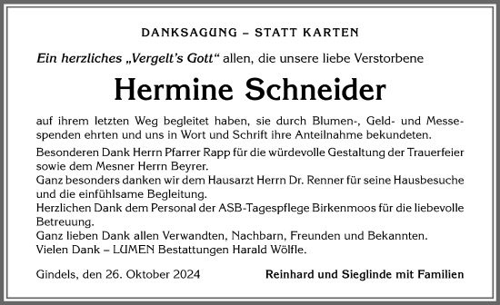 Traueranzeige von Hermine Schneider von Allgäuer Anzeigeblatt