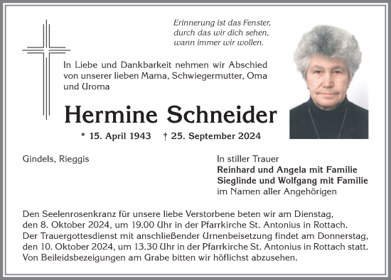 Traueranzeige von Hermine Schneider von Allgäuer Anzeigeblatt