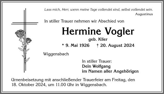 Traueranzeige von Hermine Vogler von Allgäuer Zeitung,Kempten
