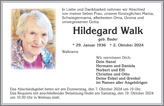 Traueranzeige von Hildegard Walk von Allgäuer Zeitung,Kempten