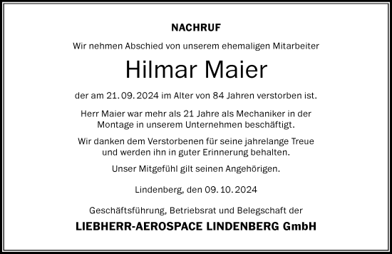 Traueranzeige von Hilmar Maier von Der Westallgäuer