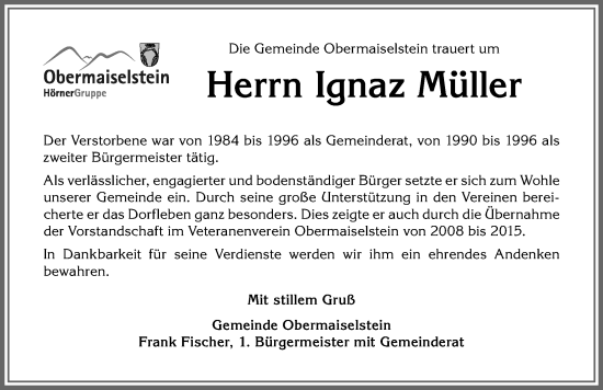 Traueranzeige von Ignaz Müller von Allgäuer Anzeigeblatt