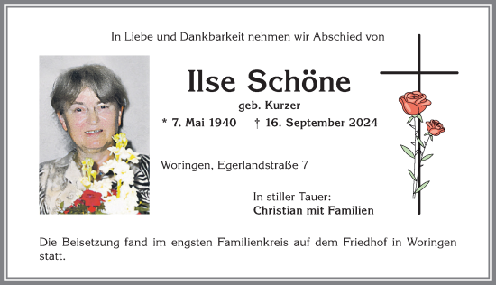 Traueranzeige von Ilse Schöne von Memminger Zeitung
