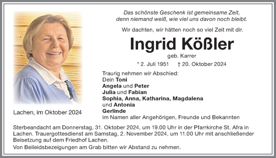 Traueranzeige von Ingrid Kößler von Memminger Zeitung