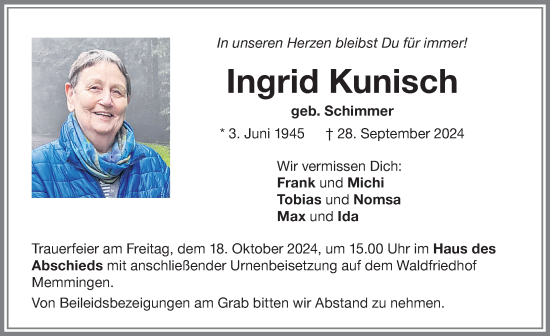 Traueranzeige von Ingrid Kunisch von Memminger Zeitung