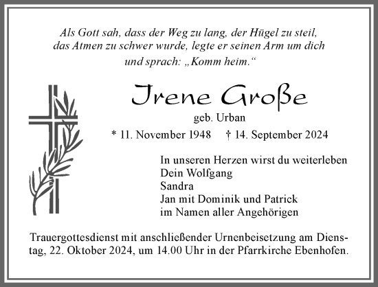 Traueranzeige von Irene Große von Allgäuer Zeitung, Marktoberdorf