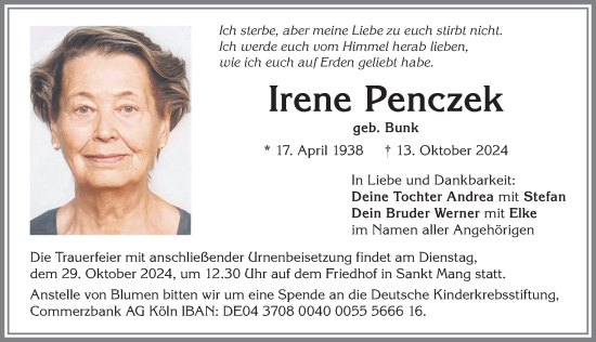 Traueranzeige von Irene Penczek von Allgäuer Zeitung,Kempten
