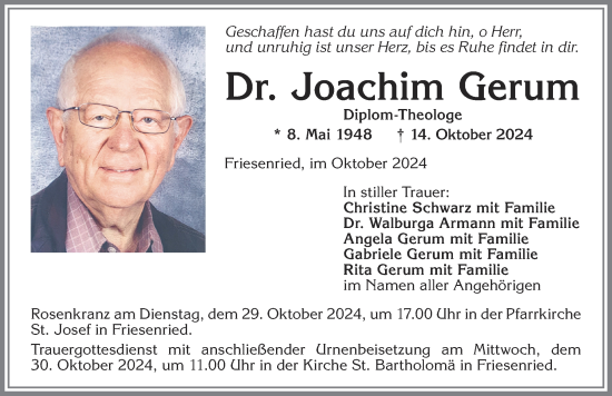 Traueranzeige von Joachim Gerum von Allgäuer Zeitung, Kaufbeuren/Buchloe