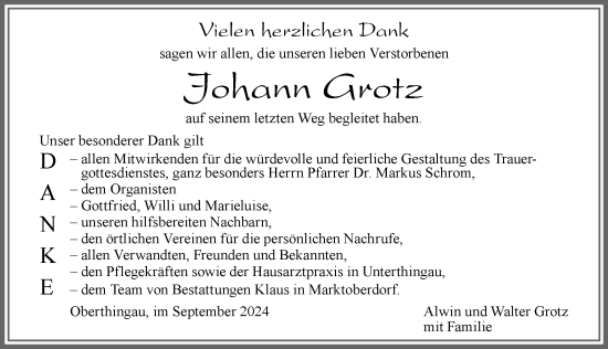 Traueranzeige von Johann Grotz von Allgäuer Zeitung, Marktoberdorf