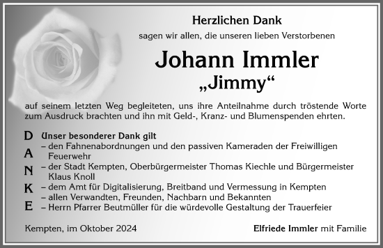 Traueranzeige von Johann Immler von Allgäuer Zeitung,Kempten