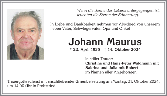Traueranzeige von Johann Maurus von Allgäuer Zeitung,Kempten