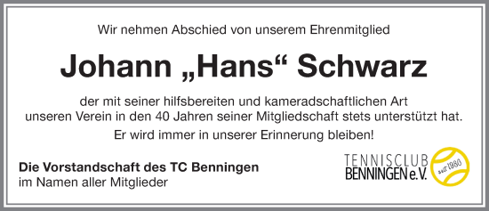 Traueranzeige von Johann Schwarz von Memminger Zeitung