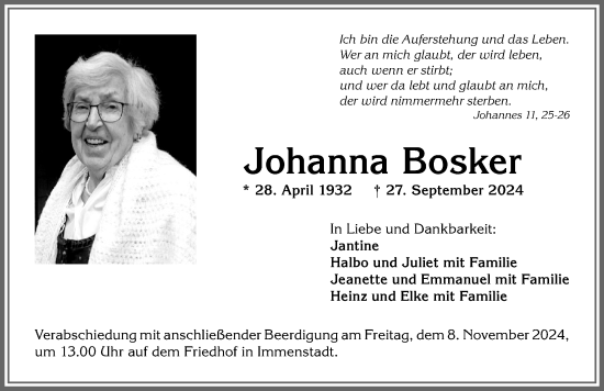 Traueranzeige von Johanna Bosker von Allgäuer Anzeigeblatt