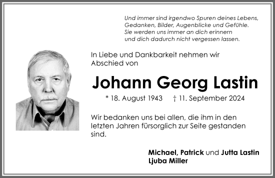 Traueranzeige von Johann Georg Lastin von Allgäuer Zeitung, Kaufbeuren/Buchloe