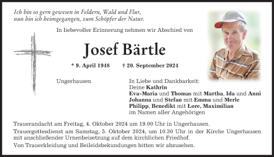 Traueranzeige von Josef Bärtle von Memminger Zeitung