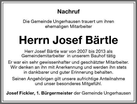 Traueranzeige von Josef Bärtle von Memminger Zeitung