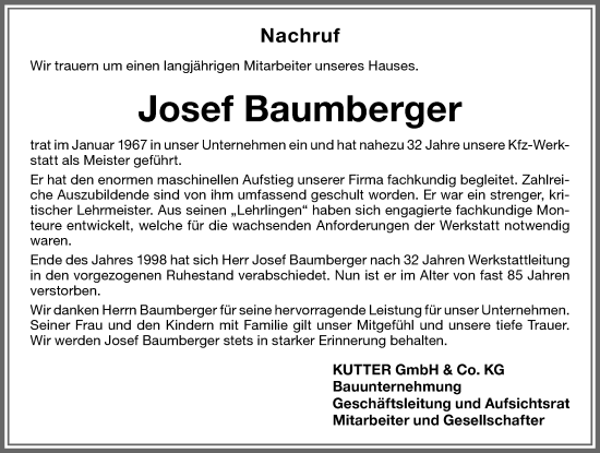 Traueranzeige von Josef Baumberger von Memminger Zeitung