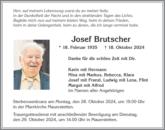 Traueranzeige von Josef Brutscher von Allgäuer Zeitung, Kaufbeuren/Buchloe
