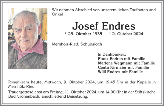 Traueranzeige von Josef Endres von Allgäuer Zeitung,Kempten