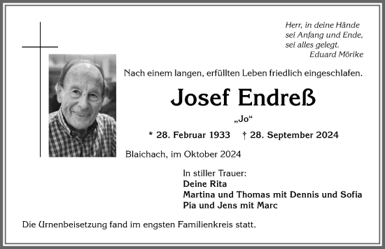 Traueranzeige von Josef Endreß von Allgäuer Anzeigeblatt
