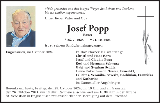 Traueranzeige von Josef Popp von Augsburger Allgemeine, Illertisser Zeitung