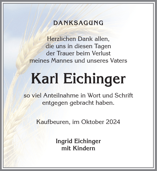 Traueranzeige von Karl Eichinger von Allgäuer Zeitung, Kaufbeuren/Buchloe