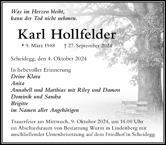 Traueranzeige von Karl Hollfelder von Der Westallgäuer