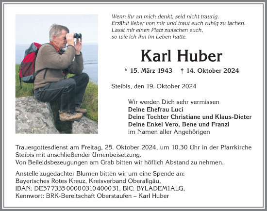 Traueranzeige von Karl Huber von Allgäuer Anzeigeblatt