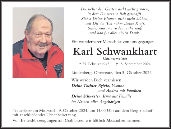 Traueranzeige von Karl Schwankhart von Der Westallgäuer